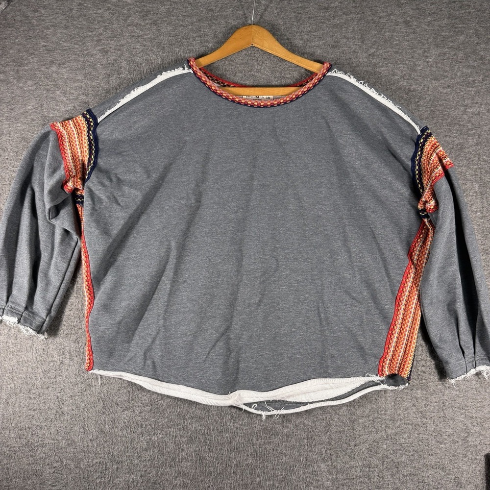 Natural Life Womens S M Knit Trim Sweatshirt Oversized Boho Festival Artsy Gray - Picture 2 of 7